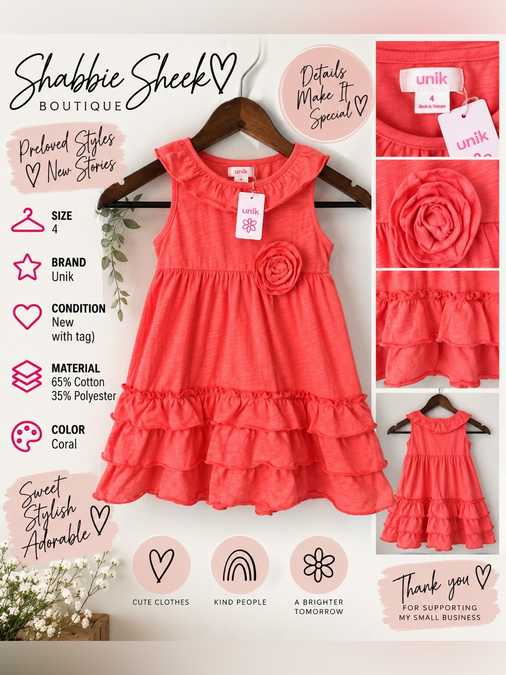 Unik Girls Size 4 Coral Ruffle Dress NWT Floral Rosette
